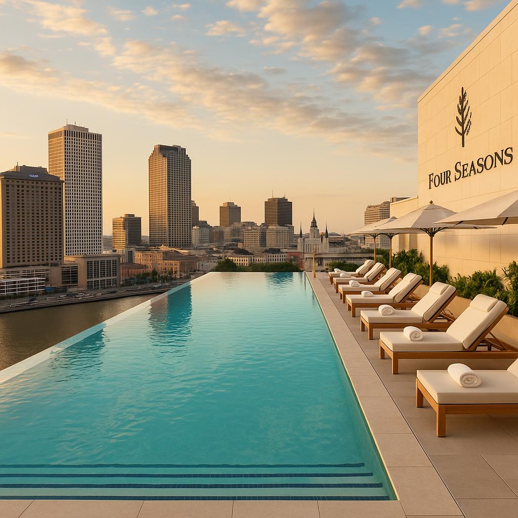 Rooftop pool with Mississippi River view at Four Seasons Hotel New Orleans