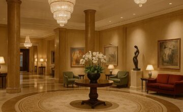 Elegant lobby of Four Seasons Hotel Ritz Lisbon with prominent Portuguese artworks