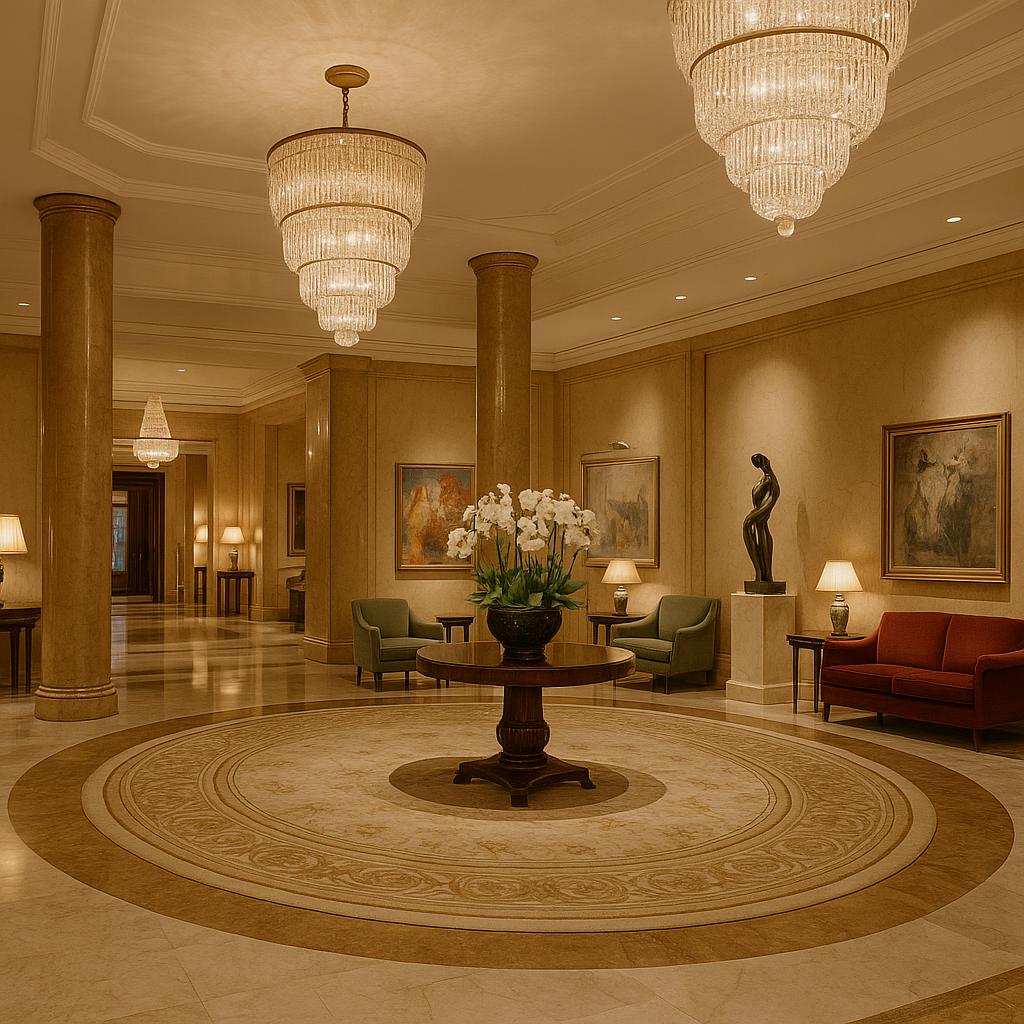 Elegant lobby of Four Seasons Hotel Ritz Lisbon with prominent Portuguese artworks
