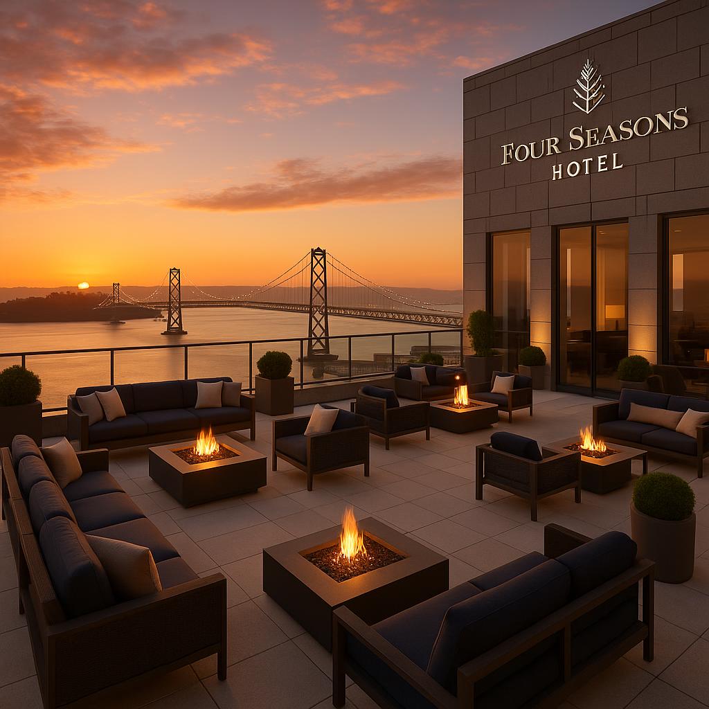Panoramic rooftop view at Four Seasons Hotel San Francisco capturing the Bay Bridge and cityscape during golden hour