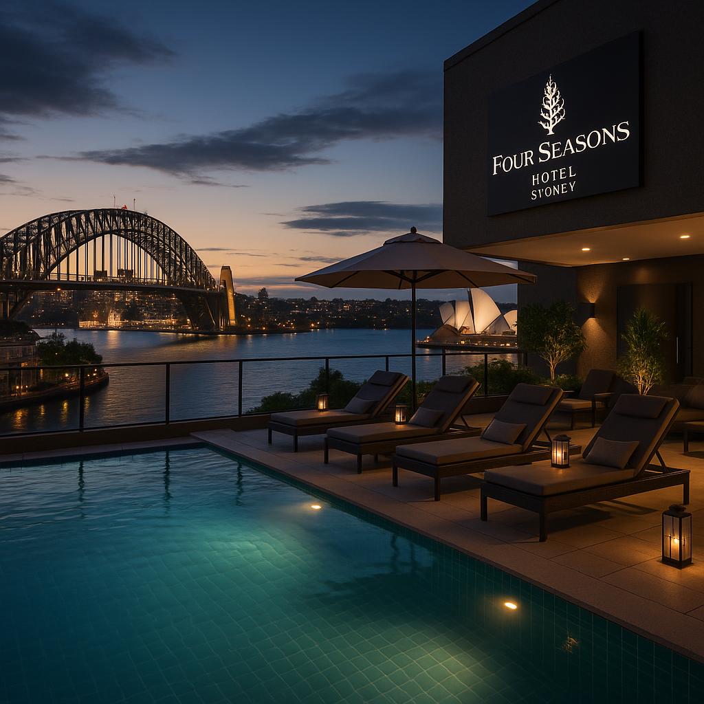 Rooftop pool at Four Seasons Hotel Sydney overlooking Sydney Harbour at sunset