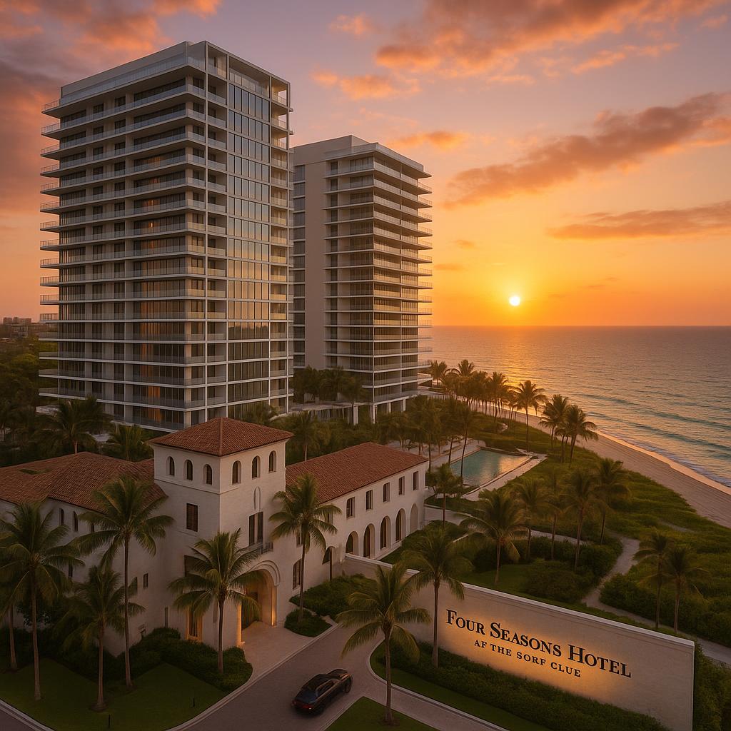 Four Seasons Hotel at The Surf Club facing ocean at sunset