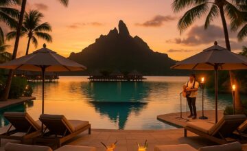 Beach club vibes at Four Seasons Resort Bora Bora during sunset with live music and cocktails