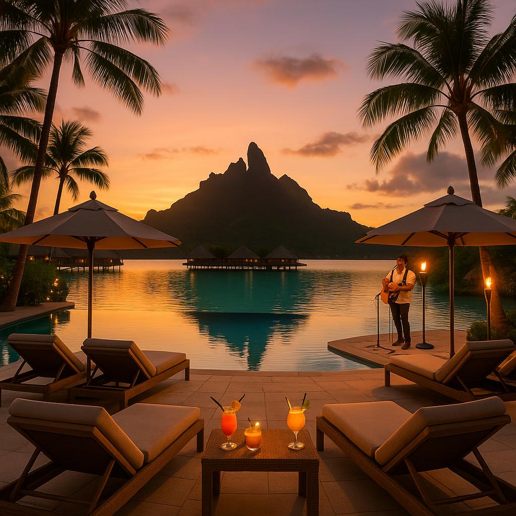 Beach club vibes at Four Seasons Resort Bora Bora during sunset with live music and cocktails