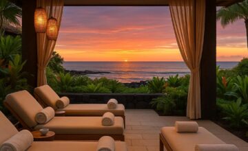 Spa relaxation area at Four Seasons Resort Hualalai with ocean sunset view
