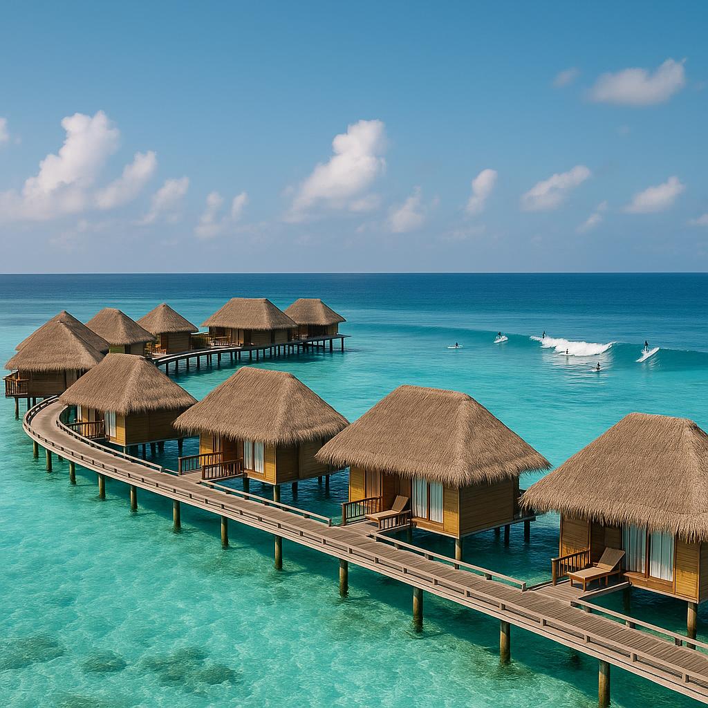 Overwater villas with surfers at Four Seasons Resort Maldives at Kuda Huraa