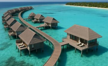 Overwater villas and spa at Four Seasons Resort Maldives Landaa Giraavaru with turquoise ocean