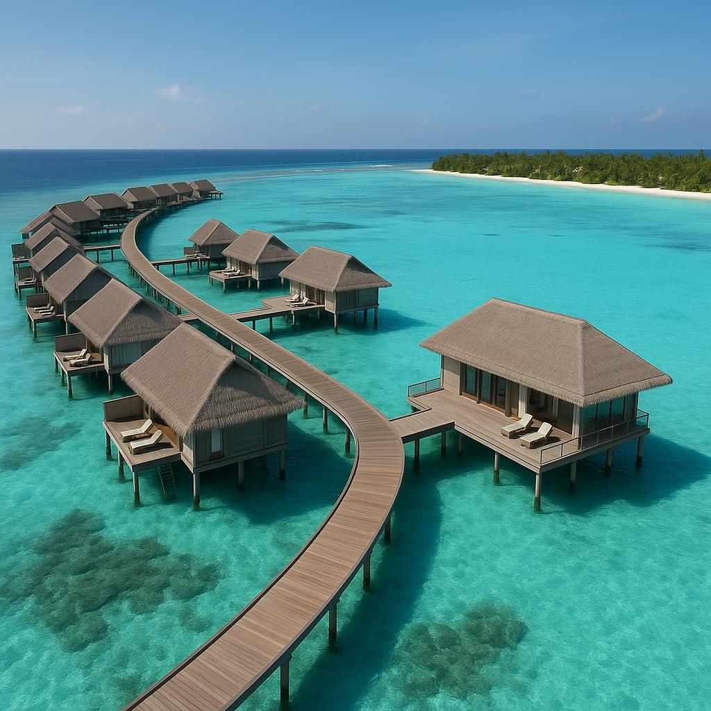 Overwater villas and spa at Four Seasons Resort Maldives Landaa Giraavaru with turquoise ocean