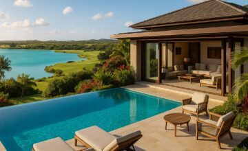 Luxury villa with private infinity pool over turquoise lagoon