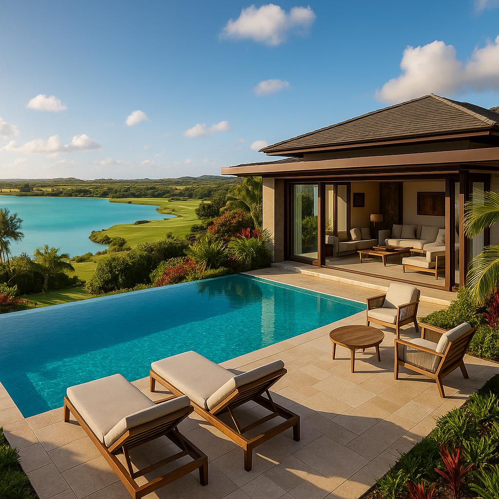 Luxury villa with private infinity pool over turquoise lagoon