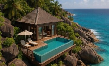 Luxurious villa at Four Seasons Resort Seychelles with ocean and granite boulder views