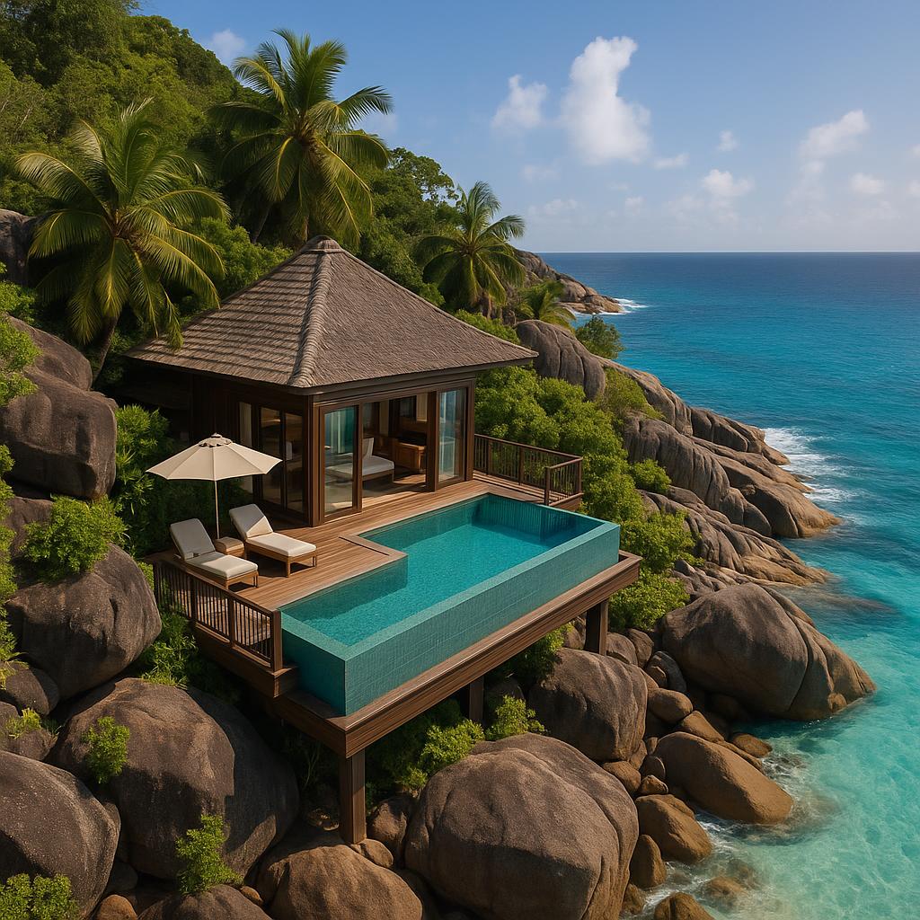 Luxurious villa at Four Seasons Resort Seychelles with ocean and granite boulder views