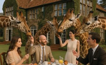 Guests feeding giraffes at breakfast at historic Giraffe Manor in Nairobi