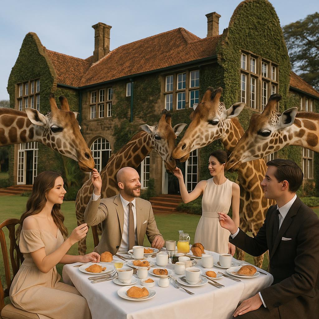 Guests feeding giraffes at breakfast at historic Giraffe Manor in Nairobi
