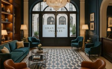 Grand lobby interior of Gran Hotel Inglés in Madrid with classic and modern design elements