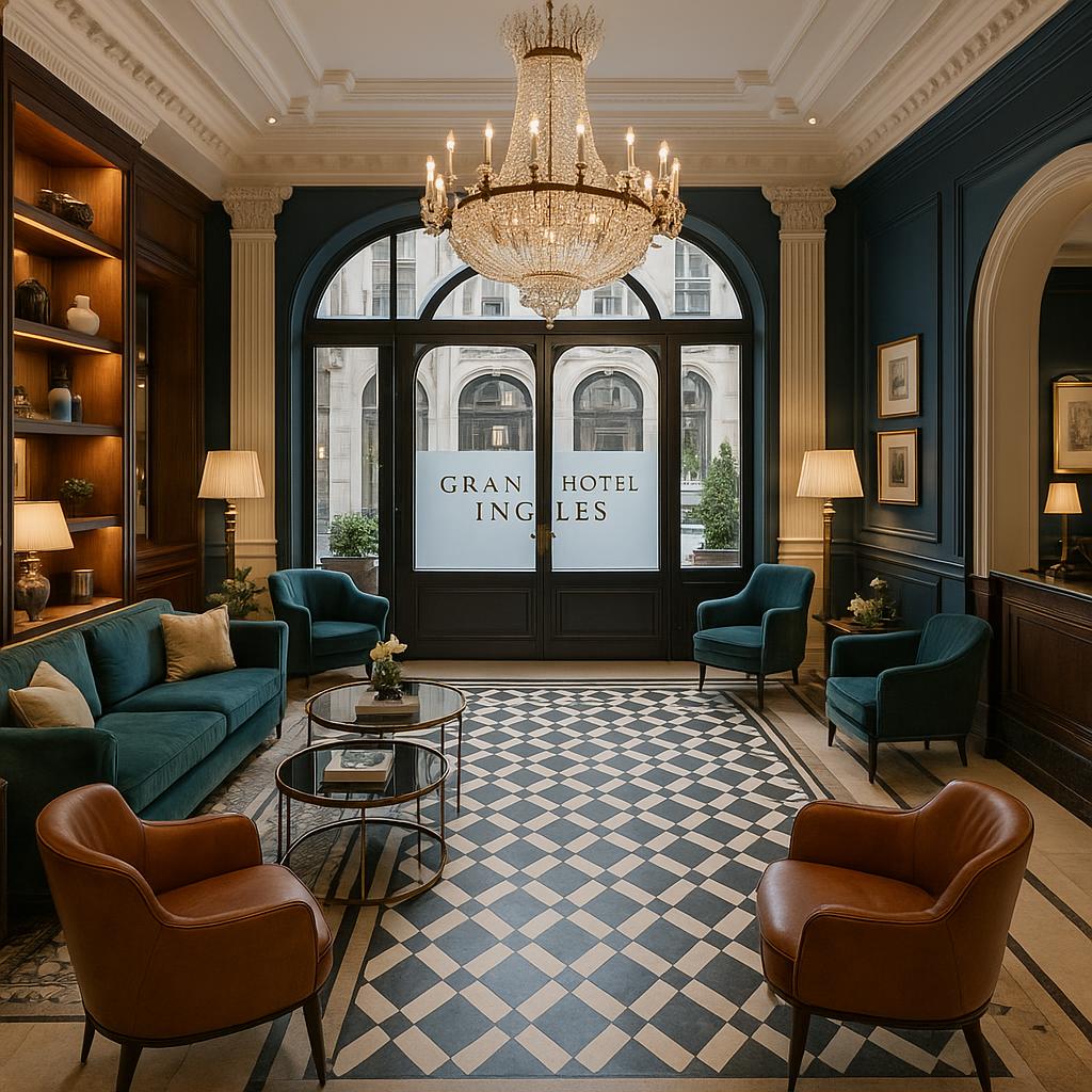 Grand lobby interior of Gran Hotel Inglés in Madrid with classic and modern design elements