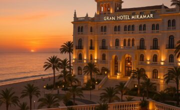 Gran Hotel Miramar beachfront view at sunset with terrace and guests