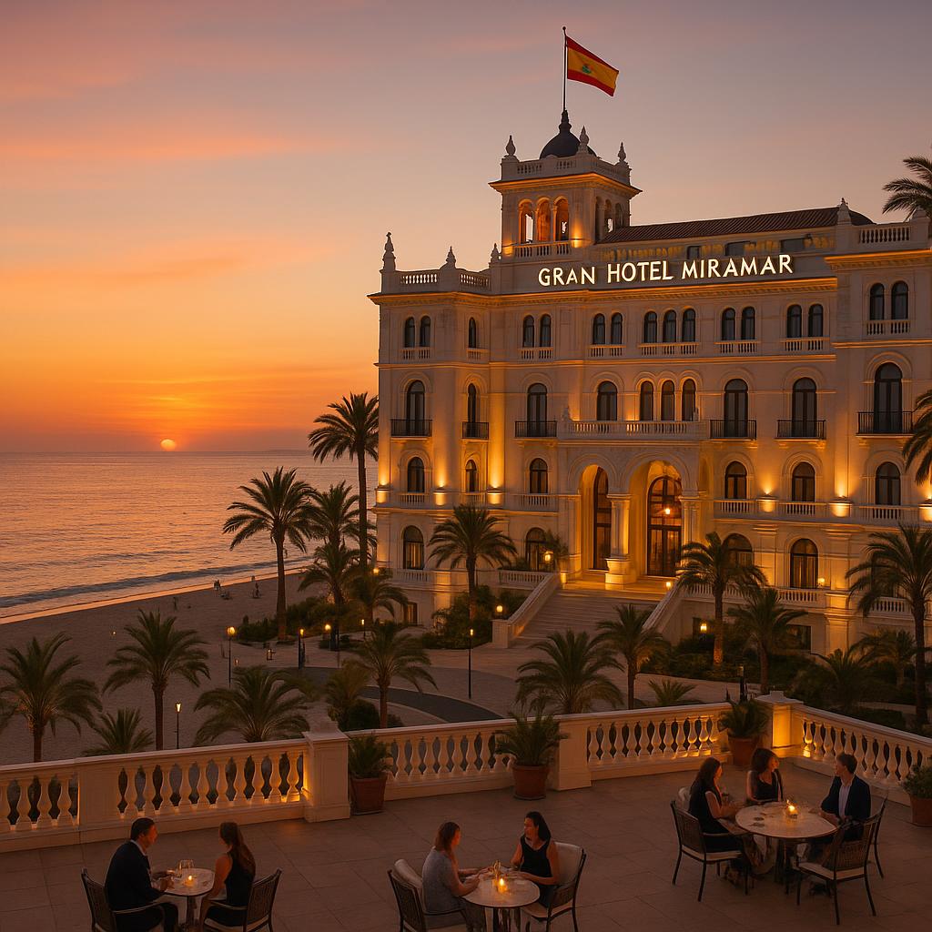 Gran Hotel Miramar beachfront view at sunset with terrace and guests