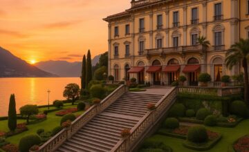 Grand Hotel Villa Serbelloni grand steps and panoramic Lake Como view at sunset
