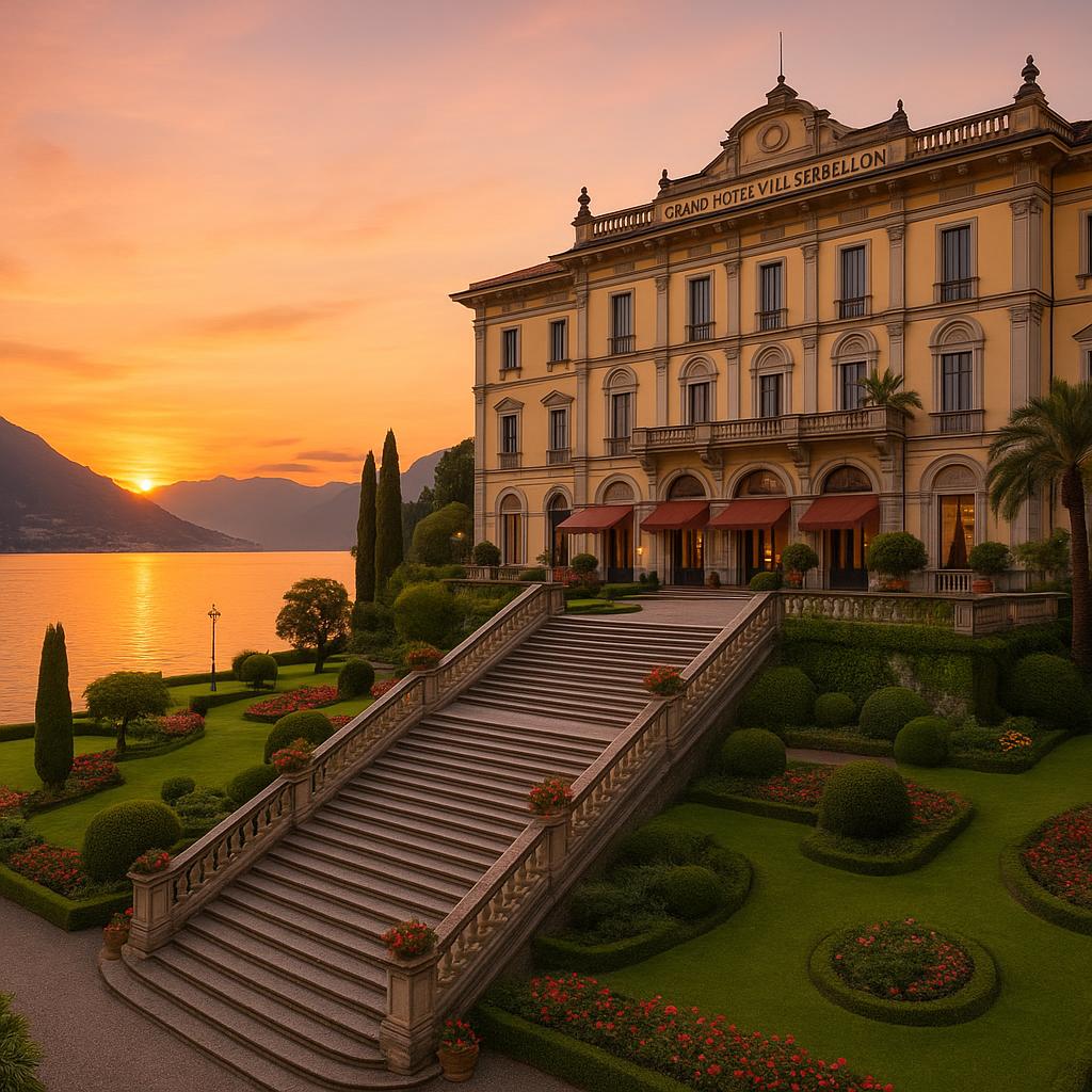 Grand Hotel Villa Serbelloni grand steps and panoramic Lake Como view at sunset