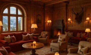 Interior of Gstaad Palace featuring wooden beams and cozy alpine ambiance