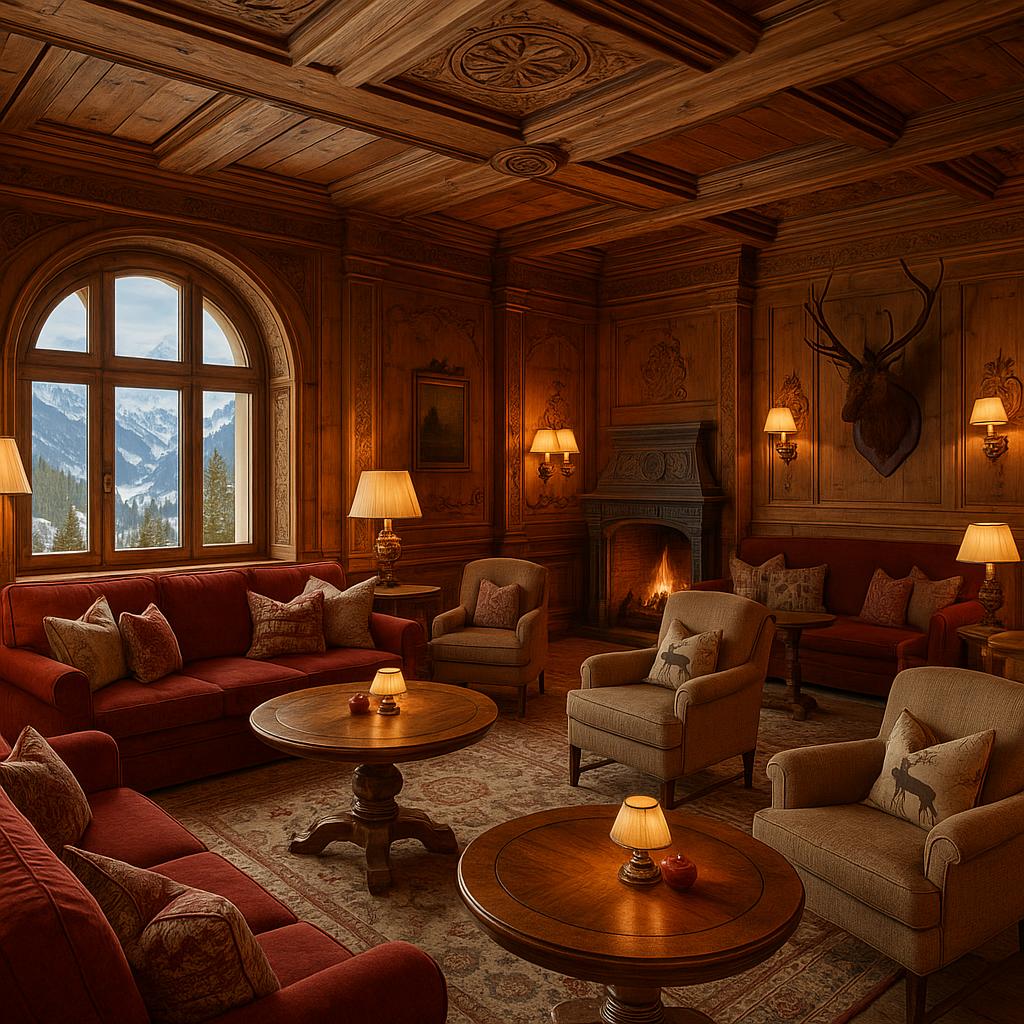 Interior of Gstaad Palace featuring wooden beams and cozy alpine ambiance