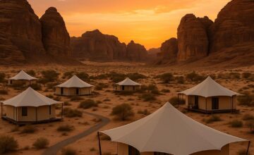 Habitas AlUla eco-luxury desert tents against sandstone cliffs at sunset