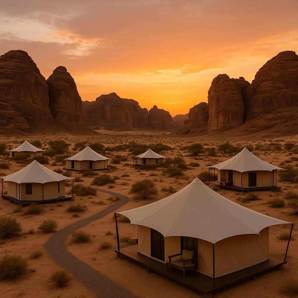 Habitas AlUla eco-luxury desert tents against sandstone cliffs at sunset