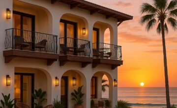 Halcyon House coastal boutique exterior view at sunset