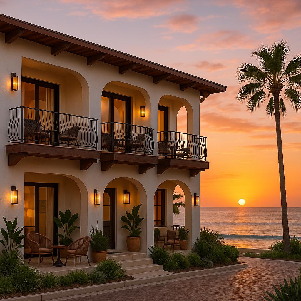 Halcyon House coastal boutique exterior view at sunset