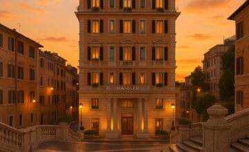 Hassler Roma hotel facade with Spanish Steps at sunset