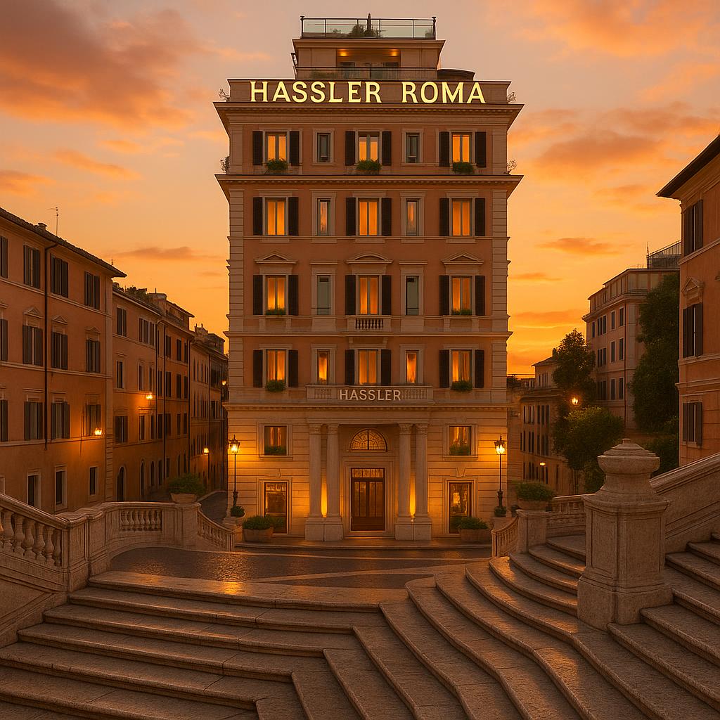 Hassler Roma hotel facade with Spanish Steps at sunset