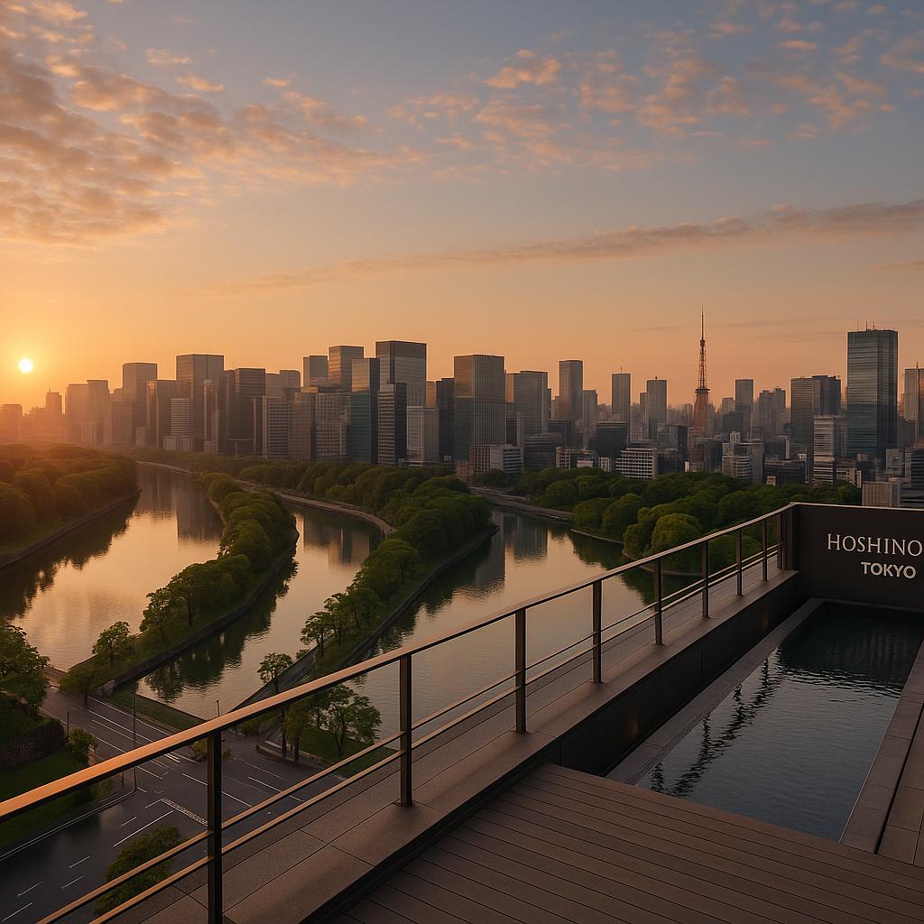 Sunrise view of Tokyo skyline and Imperial Palace moat from hotel rooftop