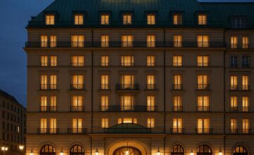 Historic Hotel Adlon Kempinski facade illuminated at dusk in Berlin