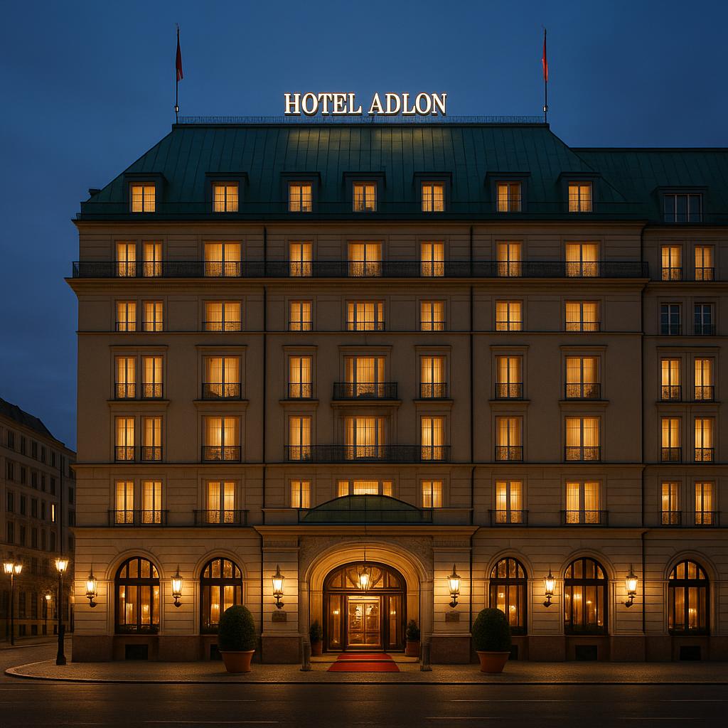 Historic Hotel Adlon Kempinski facade illuminated at dusk in Berlin