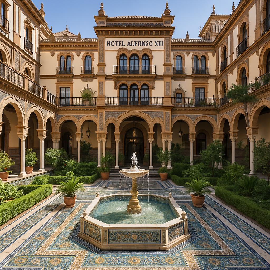 Hotel Alfonso XIII Seville courtyard view showcasing Moorish arches and tile work