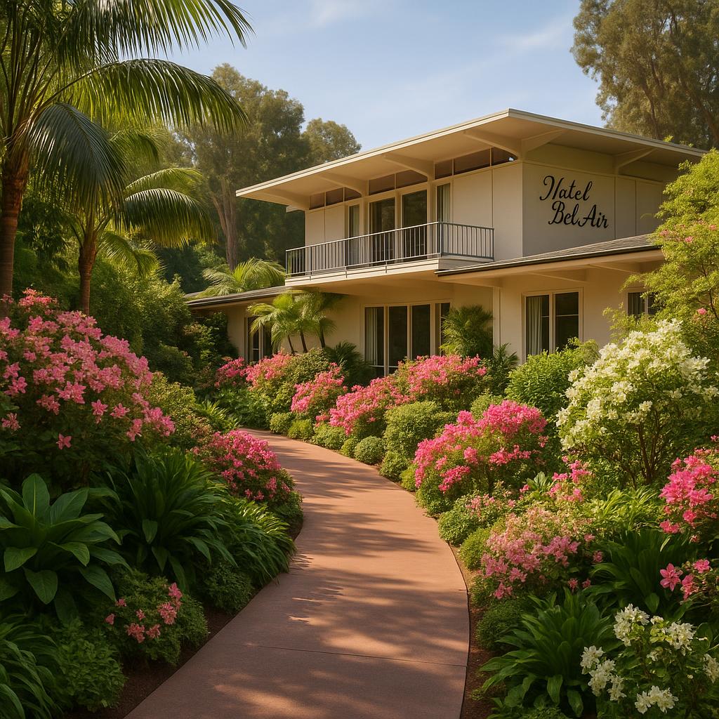 Hotel Bel-Air lush garden pathway with mid-century architecture