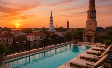 Hotel Bennett rooftop pool overlooking Charleston skyline at sunset