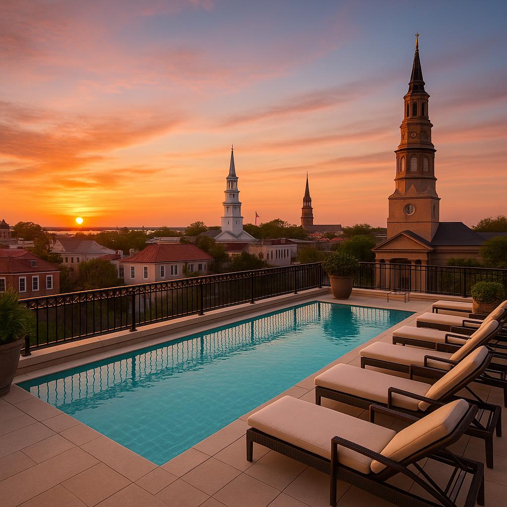 Hotel Bennett rooftop pool overlooking Charleston skyline at sunset