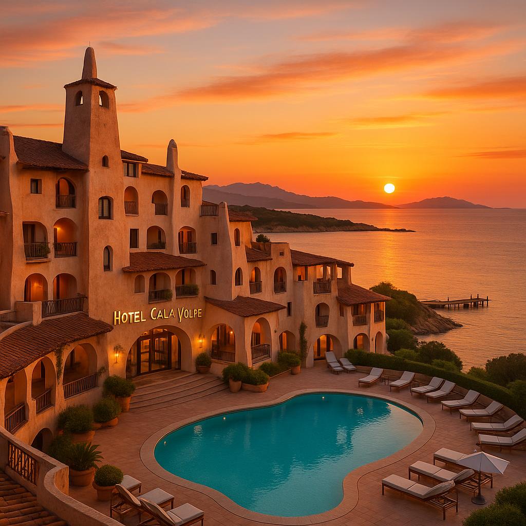Hotel Cala di Volpe with sunset over Costa Smeralda