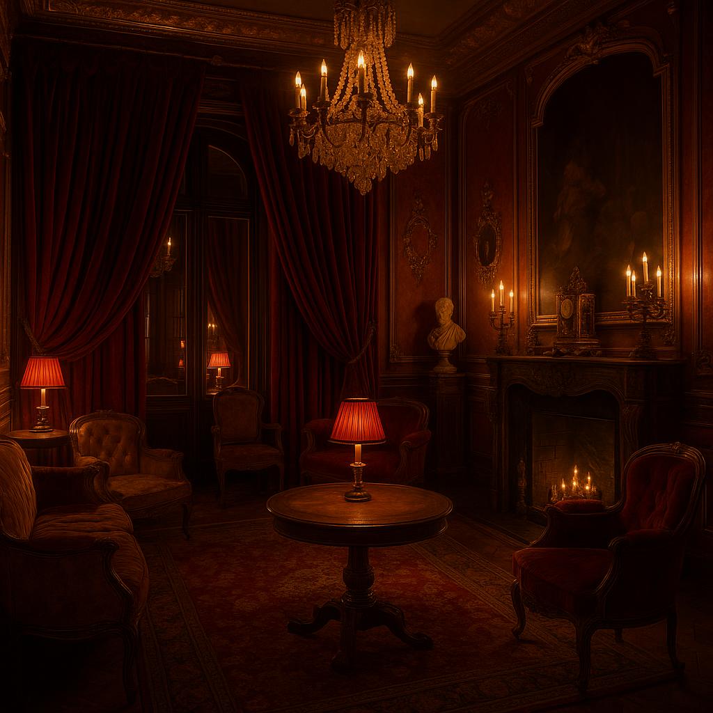 Lavish Hôtel Costes interior with velvet curtains and antique furniture