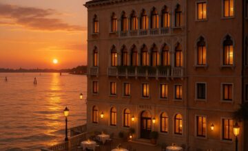 Hotel Danieli's historic façade overlooking the Venetian lagoon at sunset