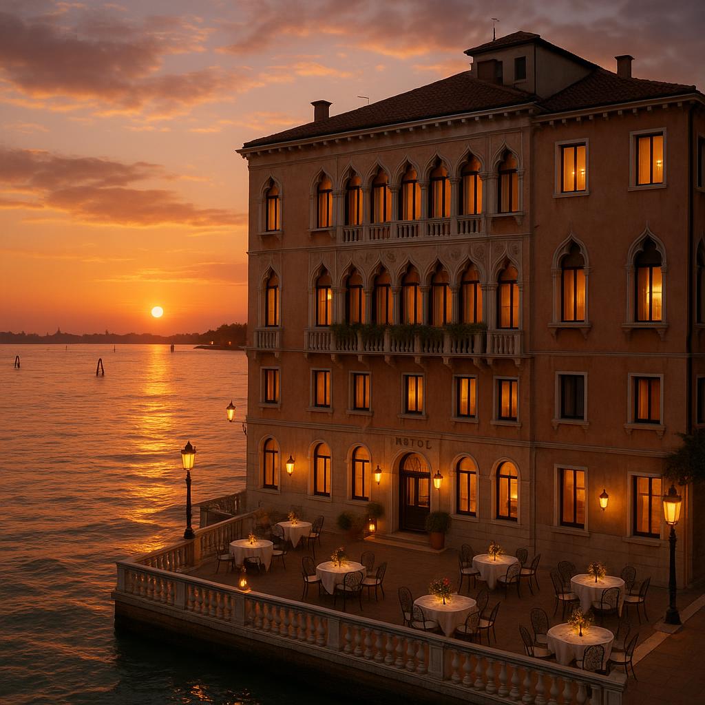 Hotel Danieli's historic façade overlooking the Venetian lagoon at sunset