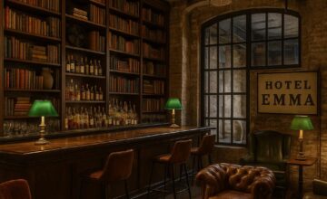 Hotel Emma Library Bar with vintage shelves and industrial decor