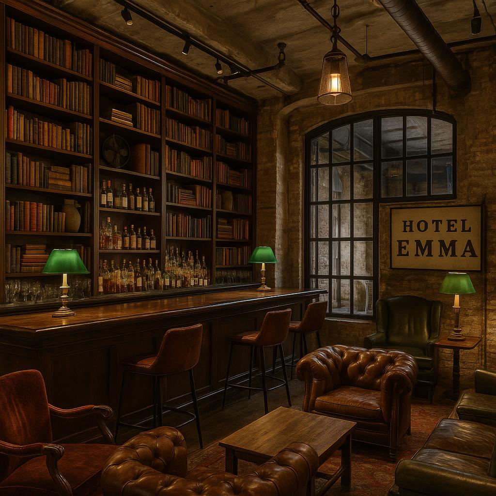 Hotel Emma Library Bar with vintage shelves and industrial decor
