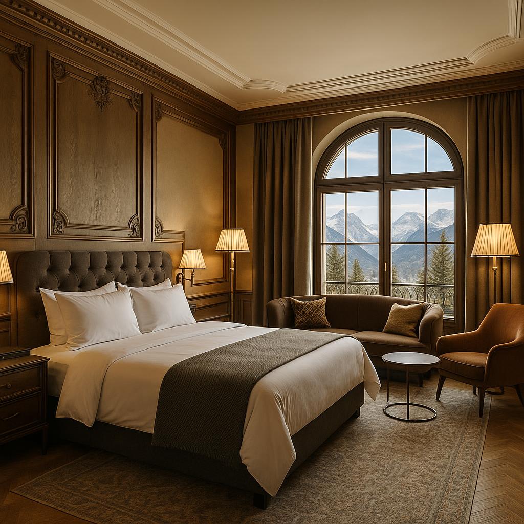 Hotel Jerome designer room with mountain view and rich textures
