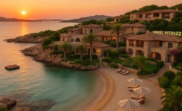 Hotel Pitrizza luxury resort overlooking Mediterranean Sea with granite architecture.