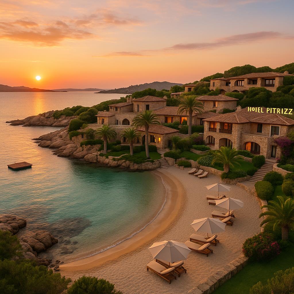 Hotel Pitrizza luxury resort overlooking Mediterranean Sea with granite architecture.