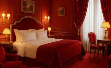 Designer room at Hôtel Plaza Athénée with bold red hues and elegant decor