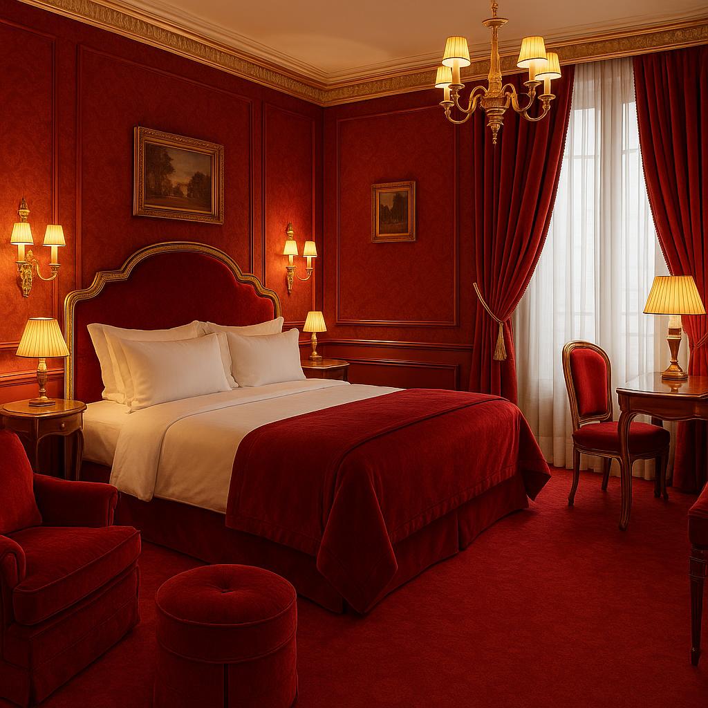 Designer room at Hôtel Plaza Athénée with bold red hues and elegant decor
